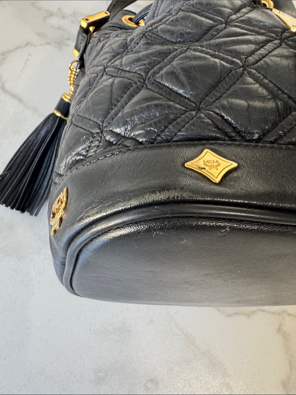 Rare Vintage MCM Michael Cromer Handheld Mini Bucket Bag - Quilted Lambskin - Picture 10 of 13